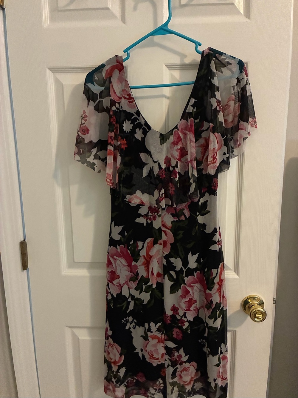Floral V-neck Flutter Sleeve Dress - Black with Pink Floral